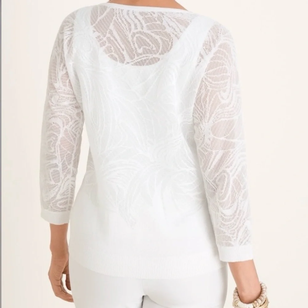 Chico’s Lightweight Jacquard White Sweater Size 1 Medium Lace Beach - Picture 3 of 9